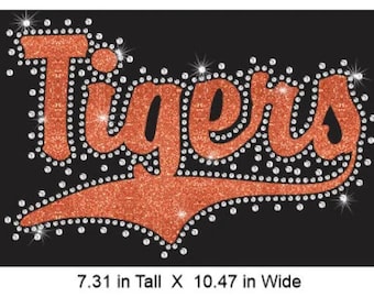 Tigers Swoosh Rhinestone Combo Transfer ready to heat apply.  You select Glitter color surrounded by BEAUTIFUL clear Rhinestones.