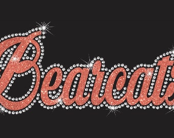 Bearcats Cursive Rhinestone Combo Transfer ready to heat apply.  You select Glitter color surrounded by BEAUTIFUL clear Rhinestones.