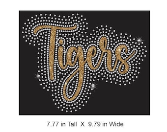 Tigers BT Rhinestone Combo Transfer ready to heat apply.  You select Glitter color surrounded by BEAUTIFUL clear Rhinestones.