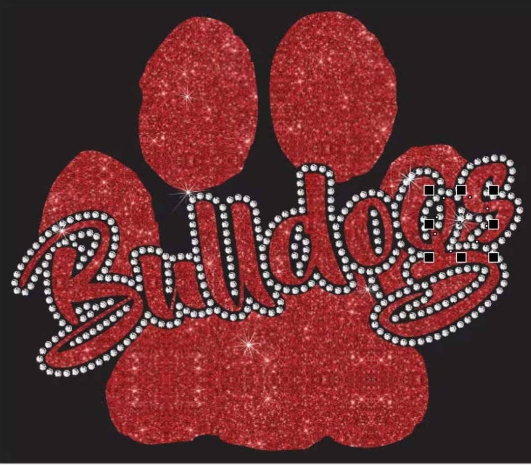 ブルドッグの足跡をモチーフにしたビニールとラインストーンのコンボ転写シート。熱転写ですぐに貼ることができます。グリッターカラーをお選びいただくと、美しいクリアラインストーンが周囲を囲みます。  - Etsy 日本, image size:1080x946