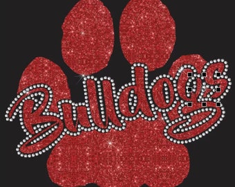 Bulldogs Paw Vinyl en Strass Combo Transfer, klaar om door hitte aan te brengen.  Jij selecteert de glitterkleur omringd door MOOIE heldere strassteentjes.