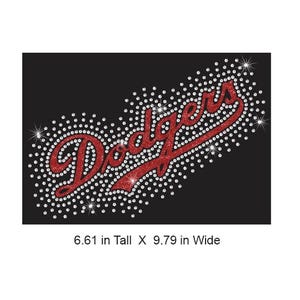May include: A black graphic with the word "Dodgers" in red glitter script, surrounded by sparkling rhinestones. The graphic is 6.61 inches tall and 9.79 inches wide.