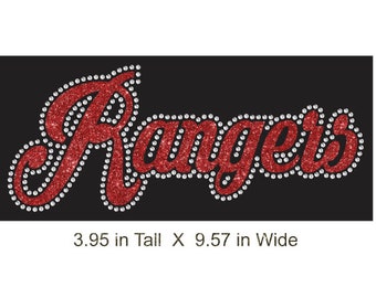 Rangers Cursive Rhinestone Combo Transfer ready to heat apply.  You select Glitter color surrounded by BEAUTIFUL clear Rhinestones.