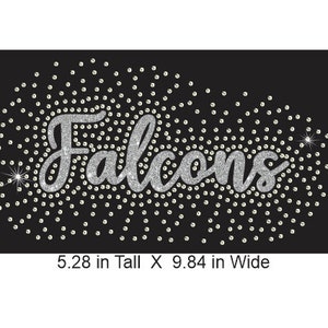 May include: Silver glitter iron-on patch with the word "Falcons" in a cursive font. The patch is 5.28 inches tall and 9.84 inches wide.