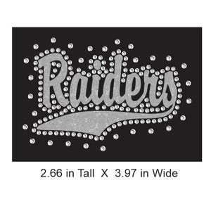 Raiders Swoosh Left Chest/Cap Size Rhinestone Combo Transfer ready to heat apply.  Select Glitter color surrounded by Clear Rhinestones