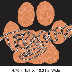 Tigers Paw Vinyl and Rhinestone Combo Transfer ready to heat apply.  You select Glitter color surrounded by BEAUTIFUL clear Rhinestones.