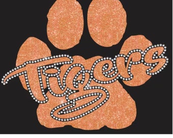 Tigers Paw Vinyl and Rhinestone Combo Transfer ready to heat apply.  You select Glitter color surrounded by BEAUTIFUL clear Rhinestones.