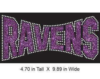 Ravens Arched Rhinestone Combo Transfer ready to heat apply.  You select Glitter color surrounded by BEAUTIFUL clear Rhinestones.