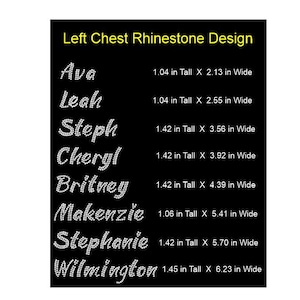 May include: A list of names with their corresponding dimensions in inches. The names are Ava, Leah, Steph, Cheryl, Britney, Makenzie, Stephanie, and Wilmington. The dimensions are listed as height x width.
