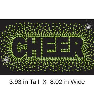 May include: A black iron-on patch with the word "CHEER" in white outlined in green rhinestones. The patch is 3.93 inches tall and 8.02 inches wide.