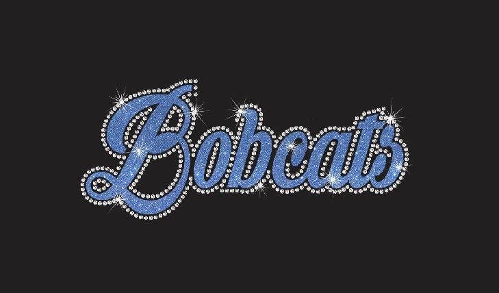 Bobcats Cursive Rhinestone Combo Transfer ready to heat apply.  You select Glitter color surrounded by BEAUTIFUL clear Rhinestones.