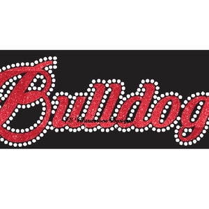 May include: Red glitter "Bulldogs" text outlined with white rhinestones on a black background.