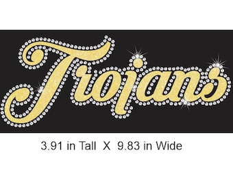 Trojans Cursive Rhinestone Combo Transfer ready to heat apply.  You select Glitter color surrounded by BEAUTIFUL clear Rhinestones.