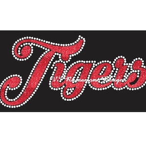 Tigers Cursive Rhinestone Combo Transfer ready to heat apply.  You select Glitter color surrounded by BEAUTIFUL clear Rhinestones.