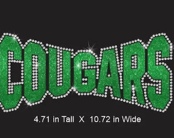 Cougars Arched Rhinestone Combo Transfer ready to heat apply.  You select Glitter color surrounded by BEAUTIFUL clear Rhinestones.