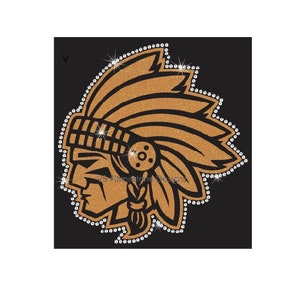 Indian Head Mascot Rhinestone Combo Transfer ready to heat apply.  You select Glitter color surrounded by BEAUTIFUL clear Rhinestones.