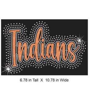 May include: A black iron-on transfer featuring the word Indians in a copper-colored glitter script font, surrounded by a dense pattern of clear rhinestones and two starburst accents. The design measures 6.78 inches tall by 10.78 inches wide.