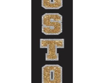 Custom Vertical Wording 2 Color Glitter Transfer ready to heat apply.  You select Glitter Colors