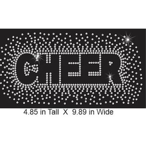 May include: Black iron-on patch with the word "CHEER" spelled out in white rhinestones. The patch is surrounded by a border of smaller rhinestones. The patch measures 4.85 inches tall by 9.89 inches wide.