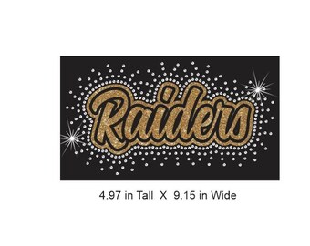 Raiders Cursive Contour Rhinestone Combo Transfer ready to heat apply.  You select Glitter color surrounded by BEAUTIFUL clear Rhinestones.