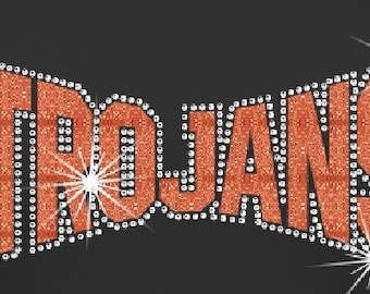 Trojans Arched Rhinestone Combo Transfer ready to heat apply.  You select Glitter color surrounded by BEAUTIFUL clear Rhinestones.