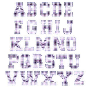 May include: A complete set of uppercase English alphabet letters from A to Z, rendered in a block font style. Each letter is composed of a grid of small, circular purple and blue dots, creating a textured, dotted appearance against a white background.
