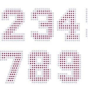 May include: A set of numbers from zero to nine, each formed by a grid of small circular dots. The interior dots are dark red, while the outline of each number is composed of light blue circular dots, creating a distinct dotted pattern.