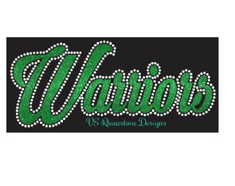 Warriors Cursive Rhinestone Combo Transfer ready to heat apply.  You select Glitter color surrounded by BEAUTIFUL clear Rhinestones.