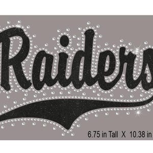 Raiders Swoosh Rhinestone Combo Transfer ready to heat apply.  You select Glitter color surrounded by BEAUTIFUL clear Rhinestones.