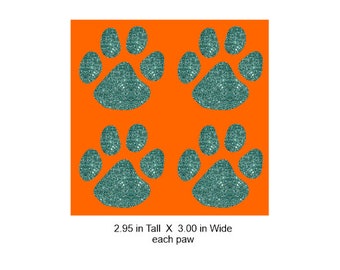 Paw 4 pack Glitter Transfer - 3 x 3 each paw - ready to heat apply.  You select Glitter color.  No Rhinestones