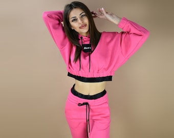 Neuer Damen Designer-Set, rosa doppelt elastischer gesteppter Sweatsuit-Set gesteppt, Langarmshirt, doppelt elastisch gestepptes 7026