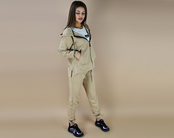 Neue Damen Designer Set, beige Sweatsuit Set,Langarm Top,love morado 7019