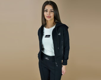 Neuer Damen Designer Set, schwarzer gesteppter Sweatsuit, Langarmshirt, schwarz gequiltet 7023