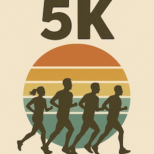 以下が含まれることがあります： レトロスタイルのポスター。濃い茶色の「5K」の文字が、カラフルな夕日のデザインの上に配置されています。夕日の下にはランナーのシルエットが描かれ、下部には「60-DAY PROGRAM」の文字があります。