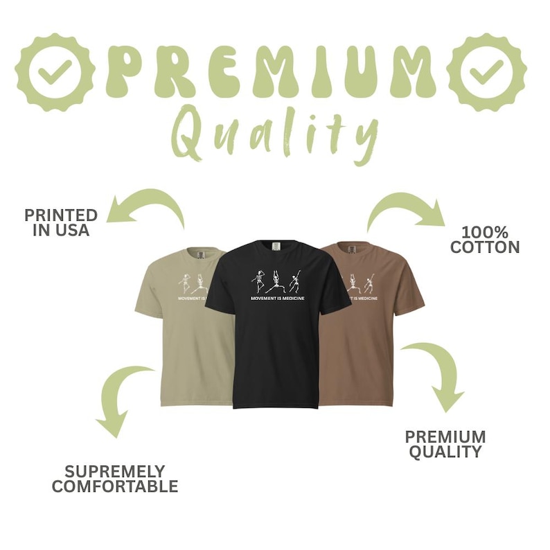 May include: Three t-shirts in olive green, black, and brown, each with a white graphic of stick figure yoga poses and the text "MOVEMENT IS MEDICINE." The shirts are labeled "100% COTTON" and "SUPREMELY COMFORTABLE."