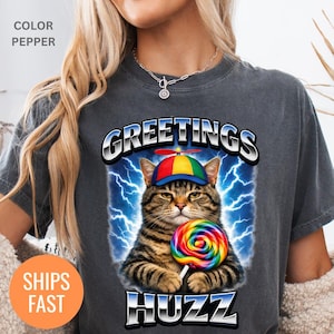 Op de afbeelding: Donkergrijs t-shirt met een gestreepte kat met een kleurrijke propellerhoed en een regenboog lolly. Het shirt heeft de tekst "GREETINGS HUZZ" in een vetgedrukte, gestileerde lettertype met een blauwe bliksemachtergrond.