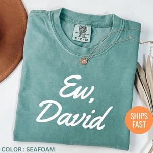 May include: Seafoam green Comfort Colors t-shirt with the phrase "Ew, David" in white script. The shirt has a crew neck and short sleeves. A gold necklace with a pendant is draped on the shirt.