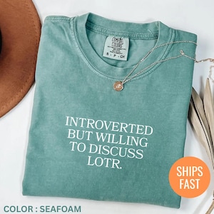 May include: Seafoam green t-shirt with the text "INTROVERTED BUT WILLING TO DISCUSS LOTR." A silver necklace with a pendant rests on the shirt. The shirt is labeled "COMFORT COLORS" and the colour is "SEAFOAM".