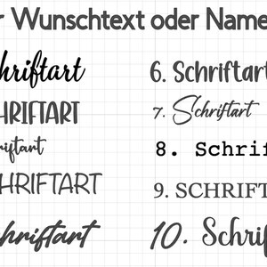 May include: A grid-patterned background with the German text "F&uuml;r Wunschtext oder Namen:" and ten font style options labeled 1 through 10. Each font style is displayed with the word "Schriftart".