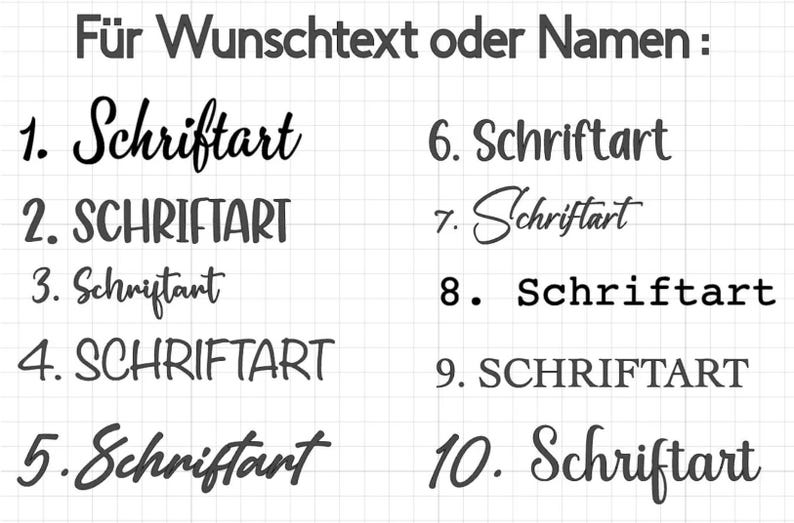 May include: A grid-patterned background with the German text "F&uuml;r Wunschtext oder Namen:" and ten font style options labeled 1 through 10. Each font style is displayed with the word "Schriftart".