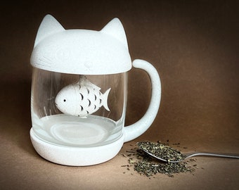 Katzenliebhaber-Tee-Tasse mit Deckel und Fisch-Sieb – Ideal für Muttertag und Geschenk