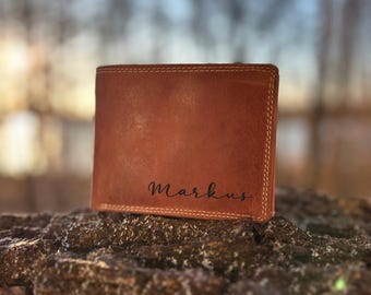 RFID-protected leather wallet with engraving, double stitching, hunter leather, landscape format, gift for him, men's wallet.