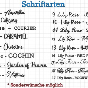 May include: A grid displays 17 different font styles, each labeled with "Lily Rose" followed by a unique name. The fonts vary in style, from elegant scripts to bold, block letters. The word "Schriftarten" is at the top.