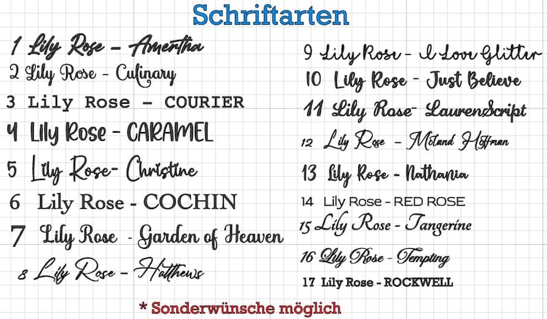 May include: A grid displays 17 different font styles, each labeled with "Lily Rose" followed by a unique name. The fonts vary in style, from elegant scripts to bold, block letters. The word "Schriftarten" is at the top.