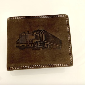 Personalisierte Echtledergeldbörse für Männer Trucker Geldbörse Wasserbüffelleder Geldbeutel LKW Motiv Geschenkideen Portemonnaie