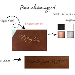 May include: Image showing personalization options for a product. Includes examples of gold vinyl lettering and laser engraving on a brown surface. Color options for lettering are displayed: black, white, gold, copper, and silver.