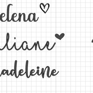 May include: Black and white image featuring four names in a cursive font: Helena, Liliani, Madeleine, and Jaye. A heart symbol follows Helena and Liliani. A floral illustration accompanies Jaye.