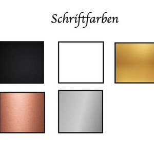 May include: Image featuring five square color swatches: black, white, gold, copper, and silver, each with a black border. The German text "Schriftfarben" is displayed above the swatches in a cursive font.