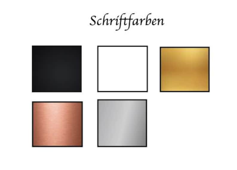 May include: Image featuring five square color swatches: black, white, gold, copper, and silver, each with a black border. The German text "Schriftfarben" is displayed above the swatches in a cursive font.