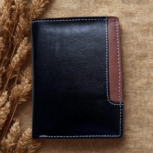 Hochformat Herren Geldbörse Nappa-Leder mit Innenriegel, Schwarz Cognac, RFID Schutz, Portemonnaie, Geschenk für Mann Frau